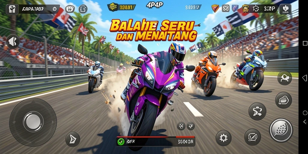 Screenshot gameplay 4P4P menampilkan aksi balap motor yang mendebarkan.