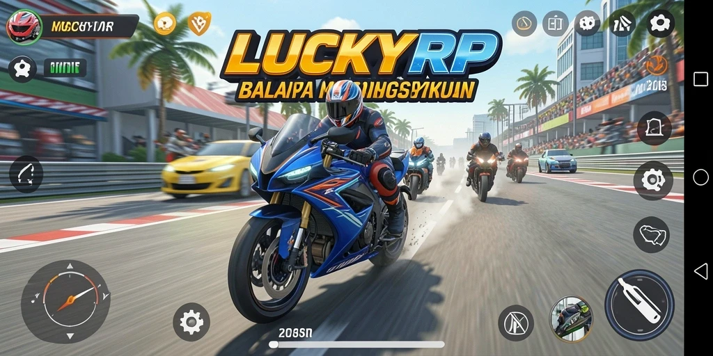 Screenshot gameplay LUCKYRP menunjukkan aksi balapan motor yang intens.
