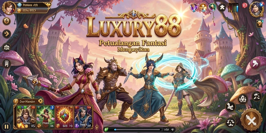 Screenshot gameplay LUXURY88 menunjukkan pertarungan epik di dunia fantasi.