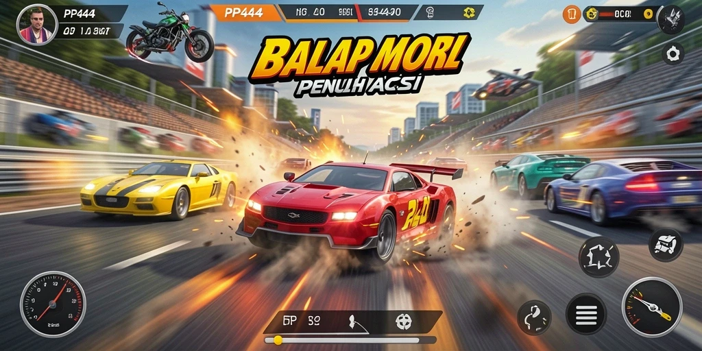 Screenshot utama PP444 menampilkan aksi balap mobil yang mendebarkan dan grafis yang tajam.