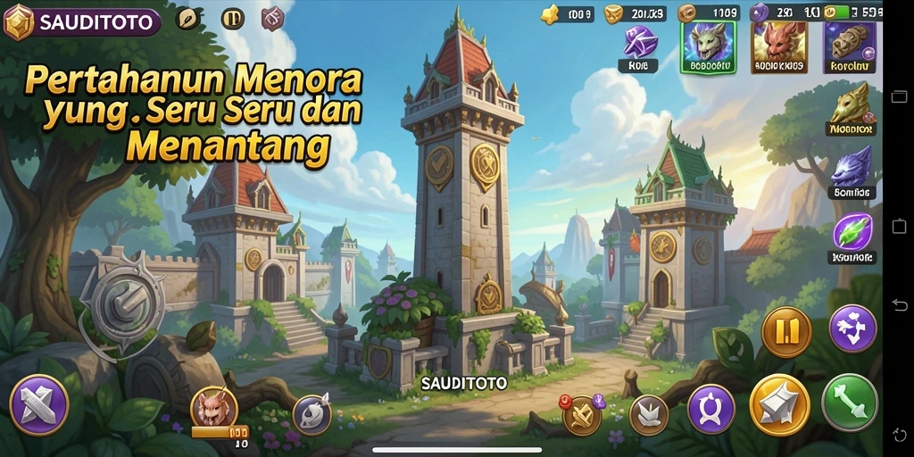 Screenshot gameplay <strong>SAUDITOTO</strong> menunjukkan aksi menara mempertahankan dari serangan musuh.
