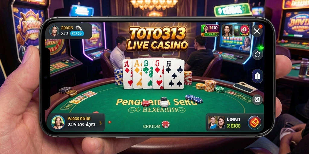 Screenshot TOTO313 menunjukkan dealer langsung yang sedang berinteraksi dengan pemain dalam permainan Live Casino.
