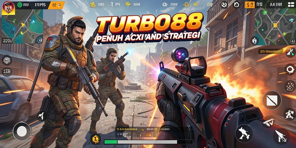 Screenshot utama TURBO88 menampilkan aksi gameplay TPS yang seru.